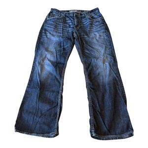 Buckle BKE Derek Bootleg Men’s Blue Denim Jeans Wiskering Western Bootcut 33S